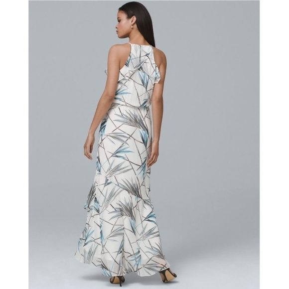 WHBM Dress Maxi White Bamboo Print Hi Low Blouson 4P Cocktail Party Chic Trendy - Picture 3 of 17